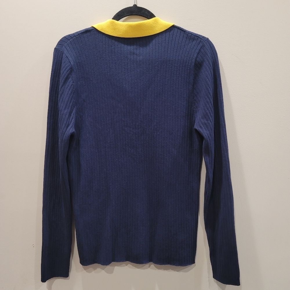 J. McLaughlin Michaela Ribbed Collared V-Neck Sweater Navy Yellow White - XL - Picture 4 of 8